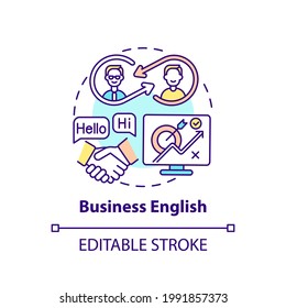 Business English concept icon. Improving language level idea thin line illustration. English used in business contexts. Office settings. Vector isolated outline RGB color drawing. Editable stroke