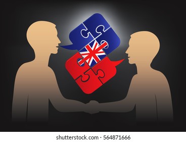 Business English dialog.
Two men and Puzzle bubble talk with a British flag symbolizing English conversation.Vector available.
