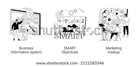 Business enterprise management abstract concept vector illustration set. Business information system, SMART objectives, marketing meetup, business internet forum, goals achievement abstract metaphor.