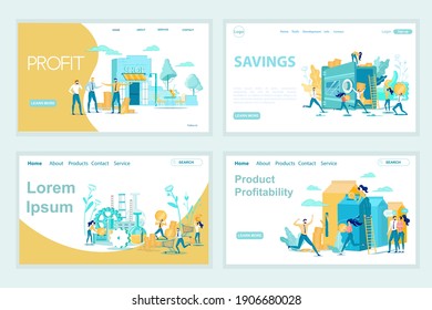 Business Enterprise and Product Profitability Success Landing Page Set. Workflow Process. Money Saving and Stock Market Profit. Success Financial Growth and Earning Achievement. Vector Illustration