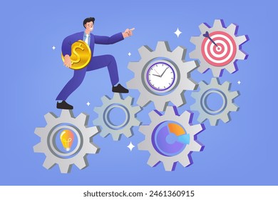 Business entrepreneur with cog wheels. Entrepreneur standing on gear wheels with effective business elements. Project initiation or project execution. Mechanism Business start up concept. Vector