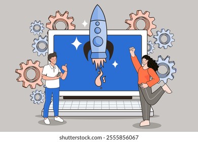 Business entrepreneur with cog wheels. Entrepreneur standing on gear wheels with effective business elements. Project initiation or project execution