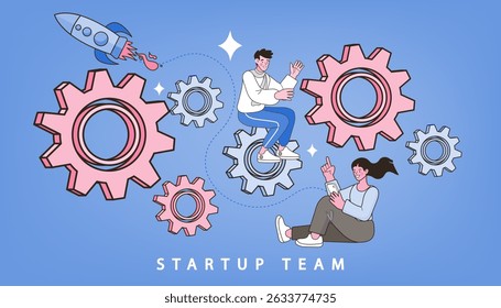 Business entrepreneur with cog wheels. Entrepreneur standing on gear wheels with effective business elements. Project initiation or project execution. Mechanism Business start up concept. Vector