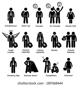 Business Entrepreneur Investors and Competitors Stick Figure Pictogram Icon Cliparts