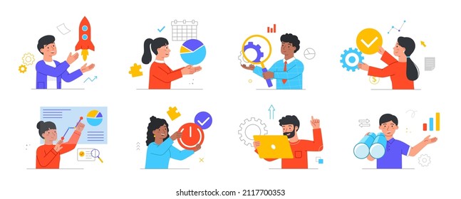 Business and entrepreneurship abstract concept. Set of men and women launching startup, analyzing financial statistic and promoting company. Cartoon flat vector collection isolated on white background