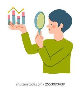Business and entrepreneurship concept. Male employee holds magnifying glass in his hands and analyzes financial strategy of company. Achieving success. Cartoon flat vector illustration in doodle style