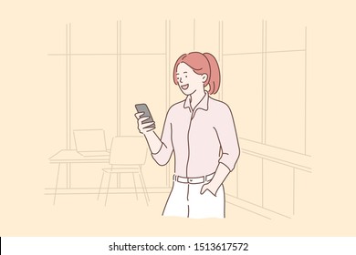 Business, entrepreneurship, selfie concept. Young happy girl or woman businesswoman communicates with a partner or got good news, success at the office. Smiling lady clerk takes a selfie.