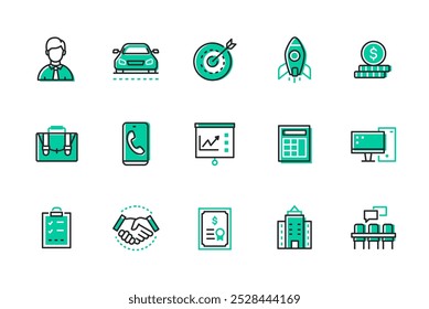 Business and entrepreneurship - set of line design style icons isolated on white background. High quality images of goal, startup, schedule, conference table, office work manager and handshake