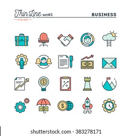 Business, entrepreneurship, teamwork, goals and more, thin line color icons set, vector illustration