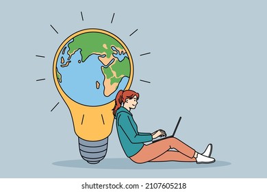 Business environment idea or strategy concept. Young smiling woman sitting with laptop having great idea concerning global ecology system vector illustration 
