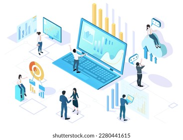 Business environment in isometric view. Digital office space with analyst. Digital technology of online trading. Application for successful financial management. Laptop with graph. Vector illustration