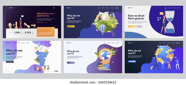 Business and environment set. People travelling, presenting project, data filter, planting tree. Flat vector illustrations. Eco project, network concept for banner, website design or landing web page