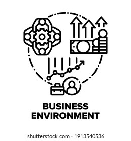 Business Environment Team Vector Icon Concept. Office Business Environment And Teamwork, Growth Money Profit And Financial Management, Brainstorming And Solution Black Illustration