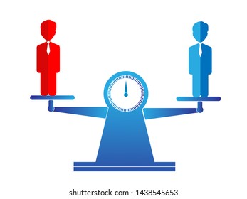 Business equality vector concept with red businessman and blue businessman standing on weigh or scales on the same height. Symbol of equal pay, salary, fairness and justice and emancipation.
