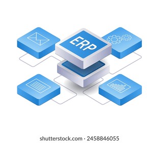 Infografía de la red de desarrollo de ERP empresarial ilustración 3d isométrica plana