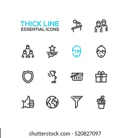 Business Essential - modern vector plain simple thick line design icons and pictograms set. Tribune, people, network, award, shield, lamp, shopping basket, present, thumb up, globe, funnel plant