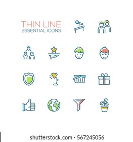 Business Essential - modern vector plain simple thin line design icons and pictograms set with accent color. Tribune, people, network, award, shield, shopping basket. Material design concept symbols