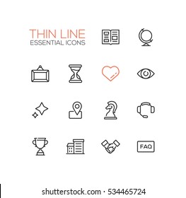 Business Essential - modern vector simple thin line design icons and pictograms set. Newspaper, globe, picture, hourglass, heart, eye, stars, location, chess piece, headset, cup building handshake faq