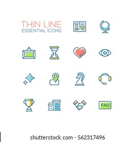 Business Essential - modern vector simple thin line design icons set with accent color. Newspaper, globe, picture, hourglass, heart, stars, location. Material design concept symbols