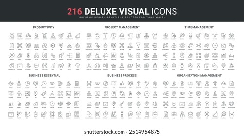 Business essential, organization of company and startup, project management line icon set. Managers focus and priority, time planning for productivity thin black outline symbols vector illustration