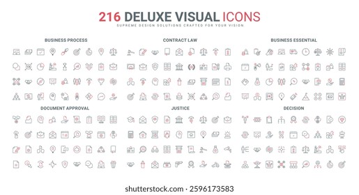 Business essential and planning, decision and document approval system, contract line icon set. Justice law and court legal, lawyer service thin black and red outline symbols vector illustration