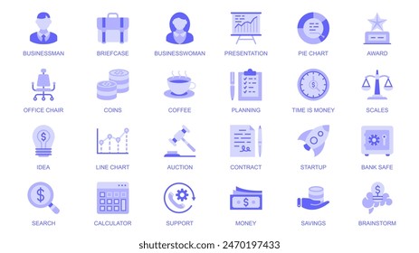 Iconos web esenciales de negocios establecidos en diseño plano de duotono. Empaquetar pictogramas con hombre de negocios, maletín, presentación, premio, silla de oficina, dinero, café, planificación, puesta en marcha, otros. Ilustración vectorial.