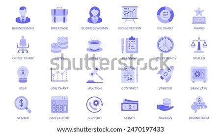 Business essential web icons set in duotone flat design. Pack pictograms with businessman, briefcase, presentation, award, office chair, money, coffee, planning, startup, other. Vector illustration.