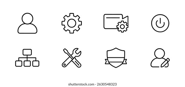 Business essentials icon set - estilo de linha, escritório, ferramentas, configurações símbolos