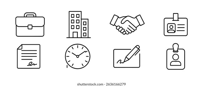 Business essentials line icon set - flat symbols for corporate, office, and work