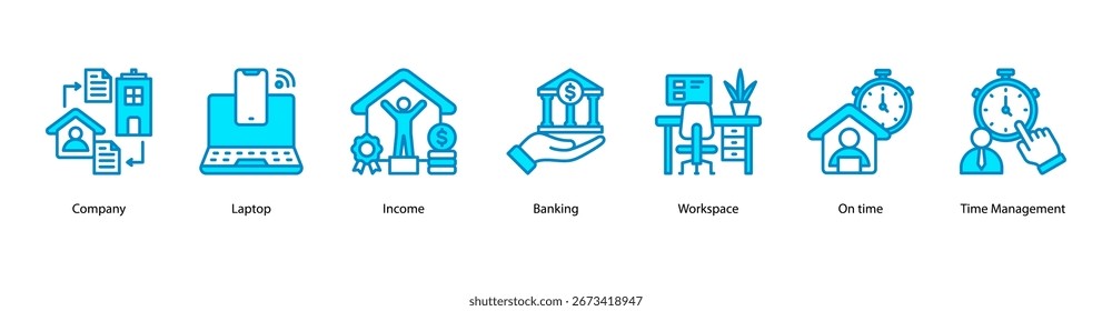 Ilustração vetorial de banner da Web do Business Essentials com empresa, notebook, renda, bancos, espaço de trabalho, tempo de atividade e gerenciamento de tempo.