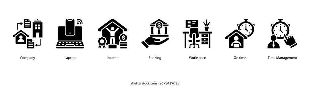 Ilustración vectorial de Anuncio de Web de negocios de Essentials con empresa, computadora portátil, ingresos, banca, Espacio de trabajo, puntualidad y administración de tiempo.