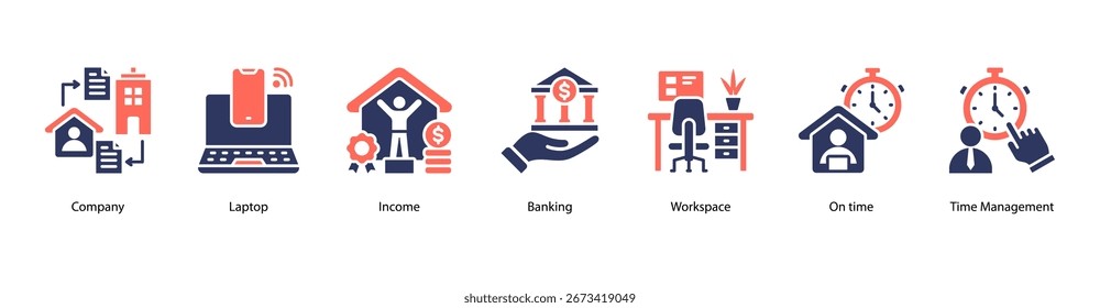 Ilustración vectorial de Anuncio de Web de negocios de Essentials con empresa, computadora portátil, ingresos, banca, Espacio de trabajo, puntualidad y administración de tiempo.