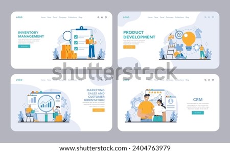 Business Essentials web or landing page set. Robust inventory management, innovative product development, strategic marketing, sales, customer orientation, and CRM in interactive web templates.