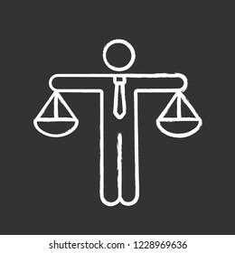 Business ethic chalk icon. Honesty. Morality. Law and regulation. Moral standards. Scales of justice. Isolated vector chalkboard illustration