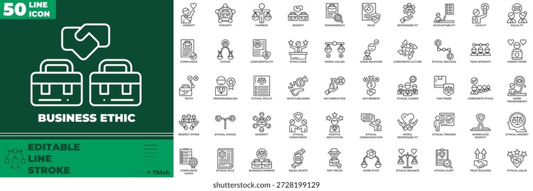 Conjunto de iconos editables de línea ética empresarial