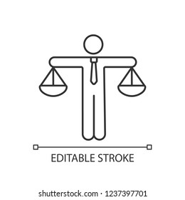 Business ethic linear icon. Honesty. Thin line illustration. Morality. Law and regulation. Moral standards. Scales of justice. Contour symbol. Vector isolated outline drawing. Editable stroke