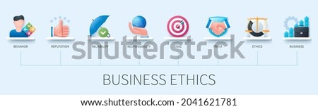 Business ethics banner with icons. Behavior, reputation, reliability, responsibility, goal, trust, ethics, business icons. Business concept. Web vector infographic in 3D style
