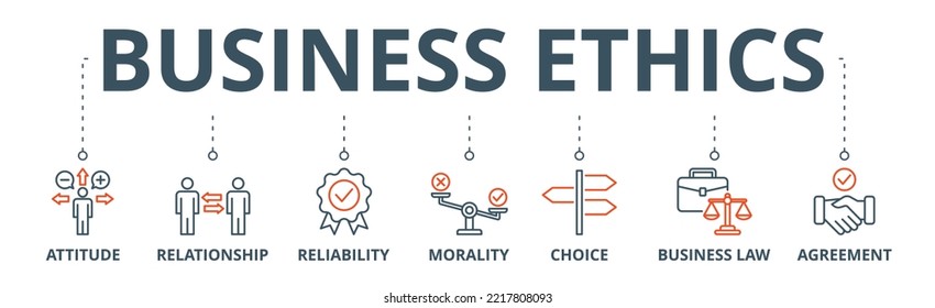 Business ethics banner web icon vector illustration concept with icon of attitude, relationship, reliability, morality, choice, business law and agreement
