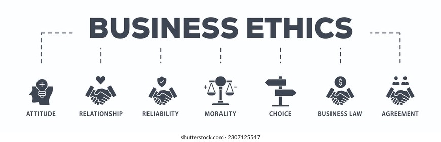 Business ethics banner web icon vector illustration concept with icon of attitude, relationship, reliability, morality, choice, business law and agreement
