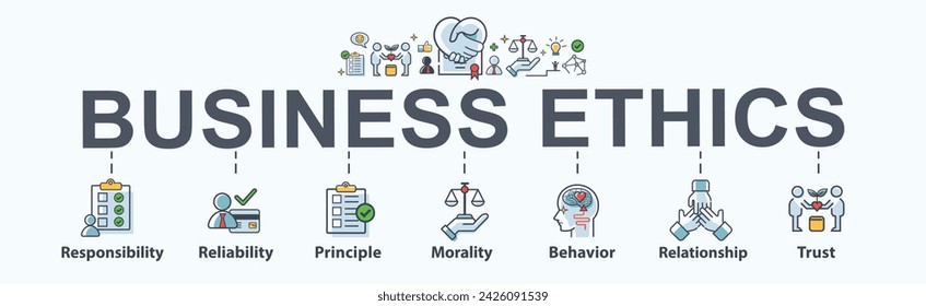 Concepto del vector del icono web de la bandera de la ética de negocios para el negocio y la organización, responsabilidad, confiabilidad, principio, moralidad, comportamiento, relación y confianza. Infografía mínima de dibujos animados vectoriales.