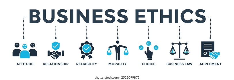 Business ethics banner web icon vector illustration concept with icon of attitude, relationship, reliability, morality, choice, business law and agreement
