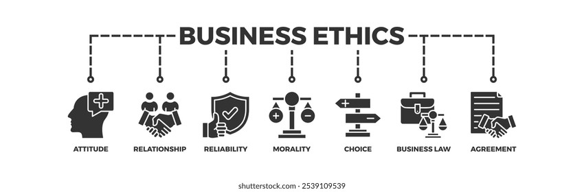 Business ethics banner web icon vector illustration concept with icon of attitude, relationship, reliability, morality, choice, business law and agreement