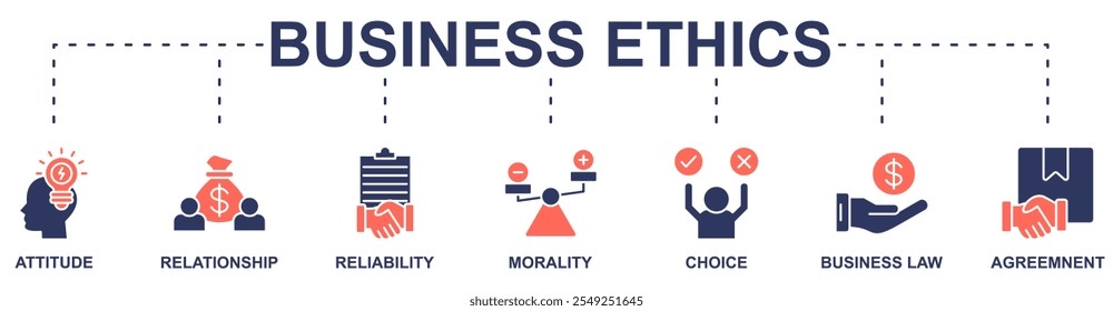 Business Ethics banner web icon vector illustration concept with icon of attitude, relationship, reliability, morality, choice, business law, agreemnent