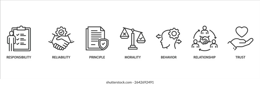 Business ethics banner web icon vector illustration concept with an icon of responsibility, reliability, principle, morality, behavior, relationship, and trust.