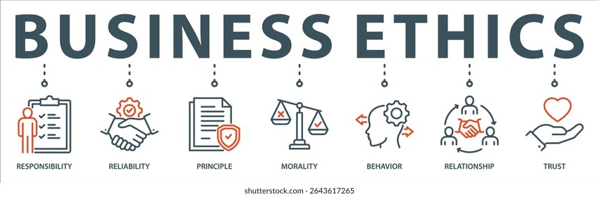 Business ethics banner web icon vector illustration concept with an icon of responsibility, reliability, principle, morality, behavior, relationship, and trust.