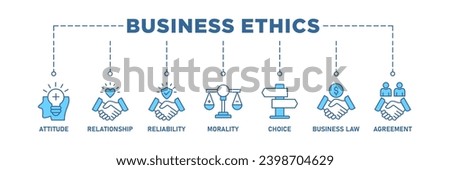 Business ethics banner web icon set vector illustration concept with icon of attitude, relationship, reliability, morality, choice, business law and agreement
