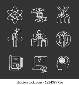 Business ethics chalk icons set. Core values, corporate responsibility, leadership, make choice, business, contract, intellectual property, transparency. Isolated vector chalkboard illustrations