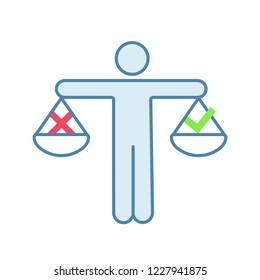 Business ethics color icon. Corporate policy. Make choice. Right or wrong decision. Honesty, morality. Scales of justice. Accept or decline. Isolated vector illustration