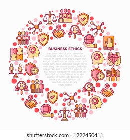 Business ethics concept in circle with thin line icons: union, honesty, responsibility, justice, commitment, no to racism, gender employment, core values. Vector illustration, print media template.