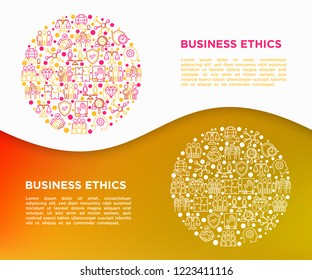 Business ethics concept in circle with thin line icons: union, trust, honesty, responsibility, justice, commitment, no to racism, gender employment, core values. Vector illustration, web page template